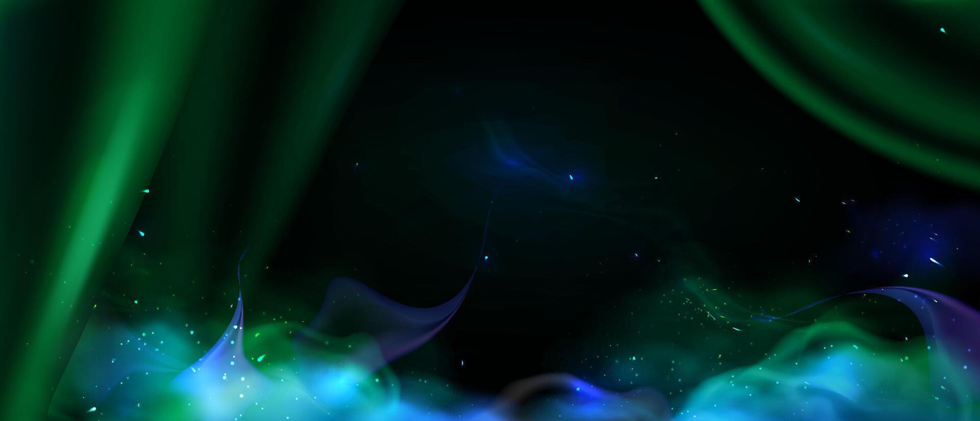 Scene with royal luxurious green silk draperies and magic Blue smoke vector