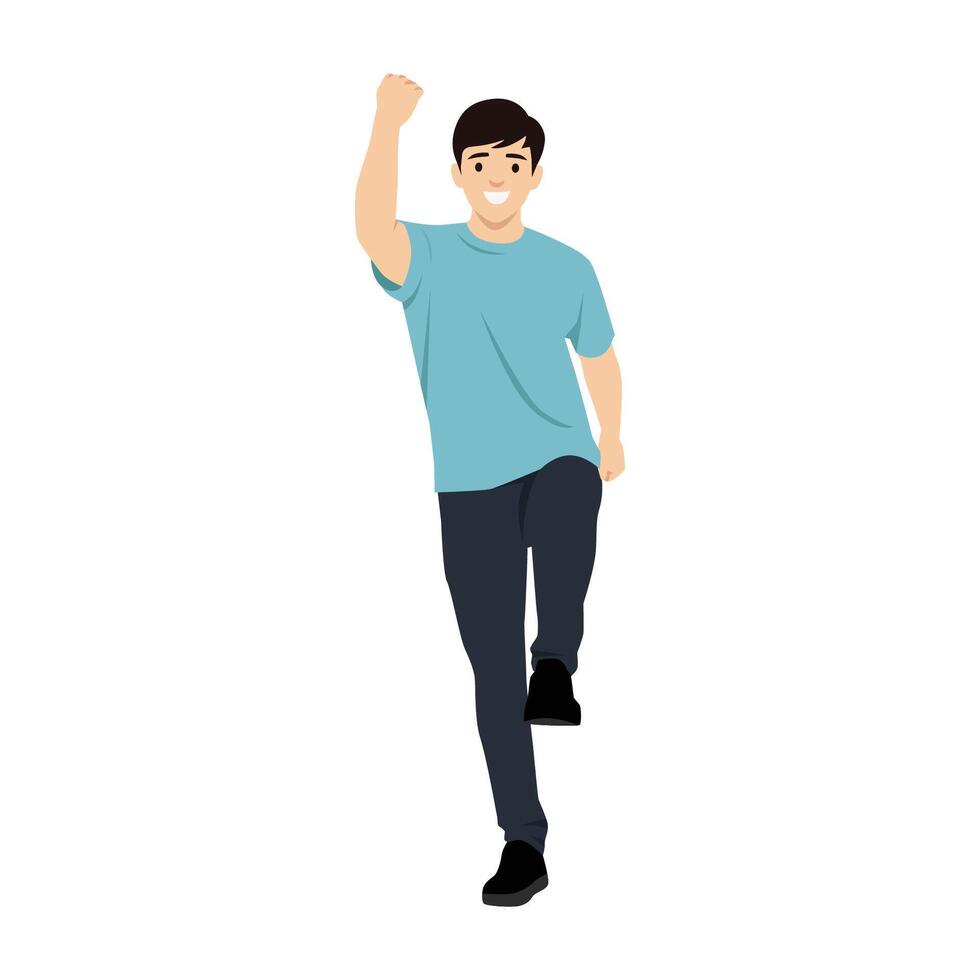Young very happy man who has won and raised his arms. vector