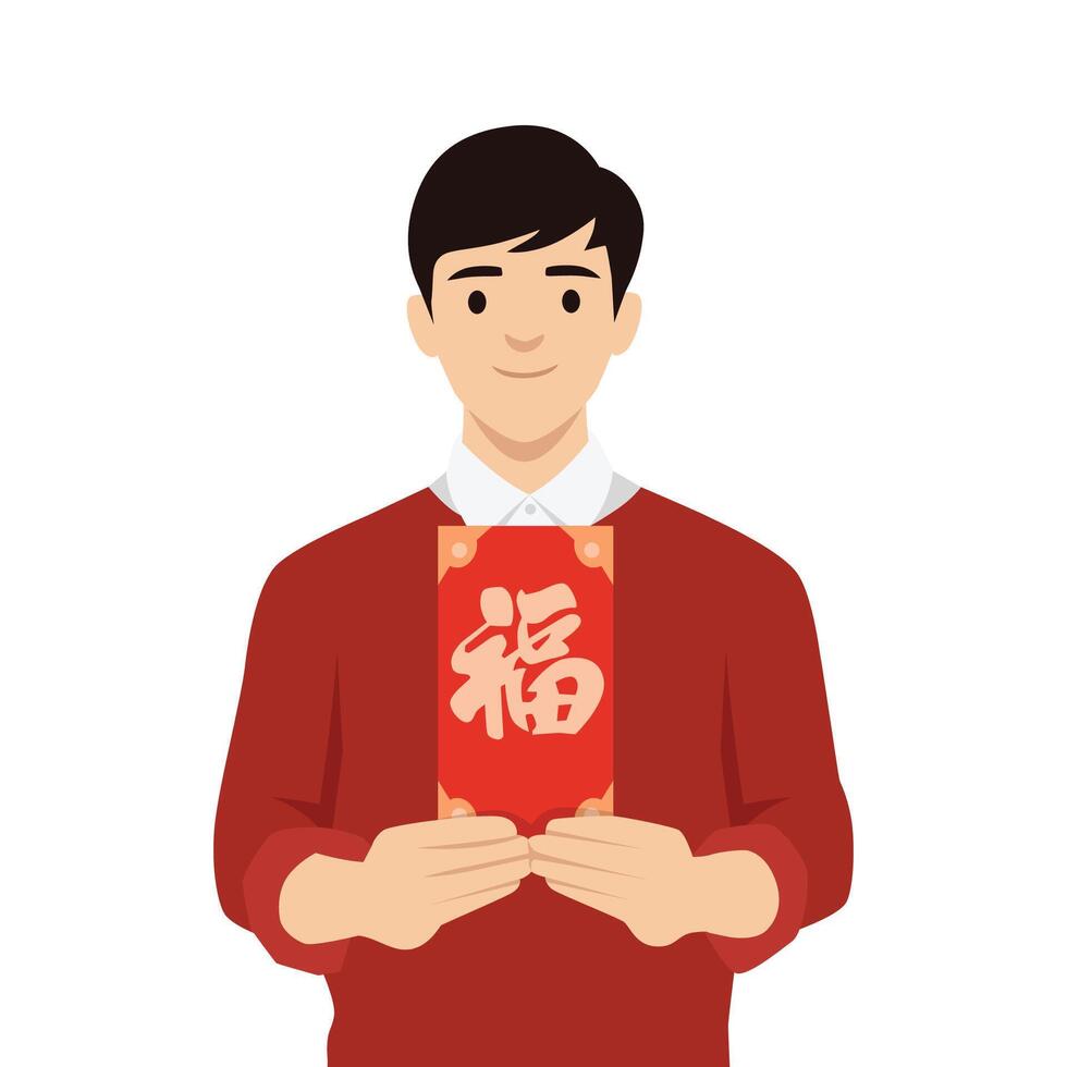 Man Holding Red Envelope, Traditional Celebration, China, Happy Chinese New Year. vector