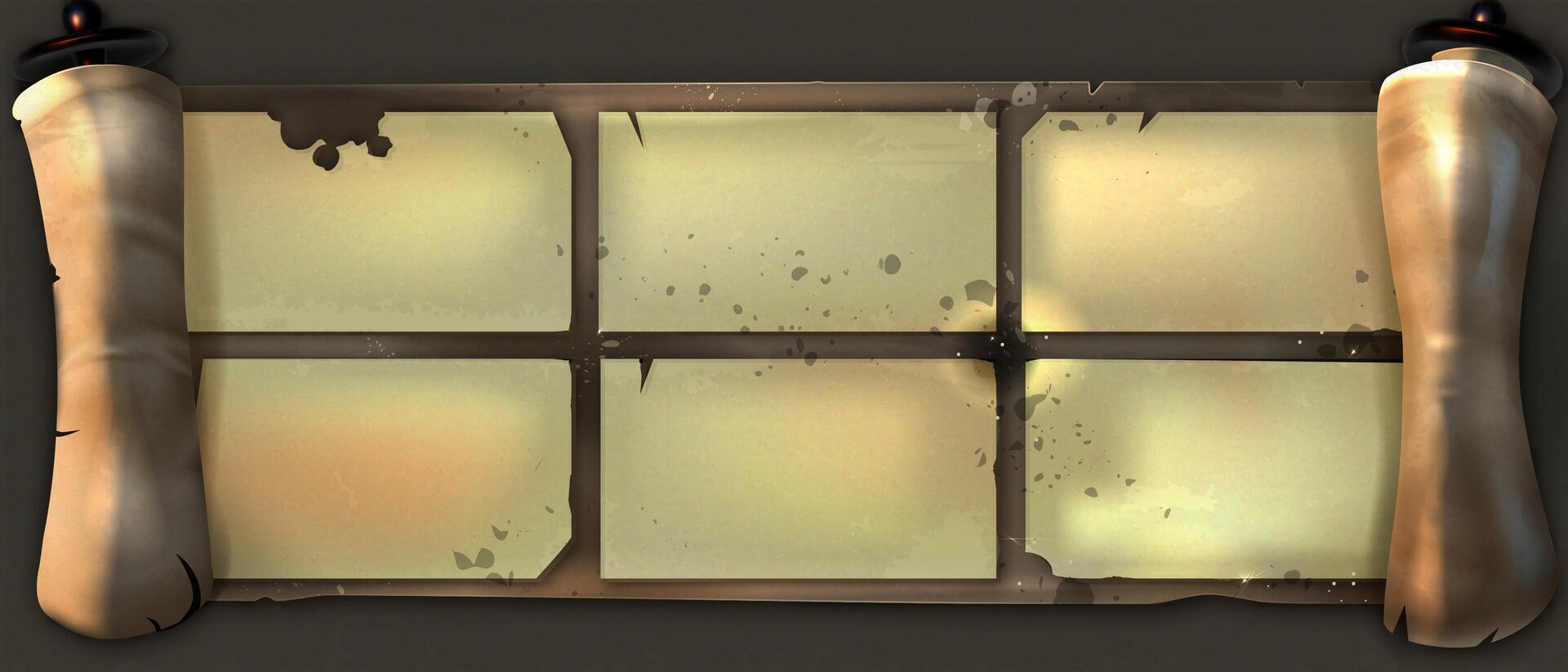 Ancient scroll. Brown scroll with a six windows in the middle. Unfolded scroll with empty frames for your text or picture vector