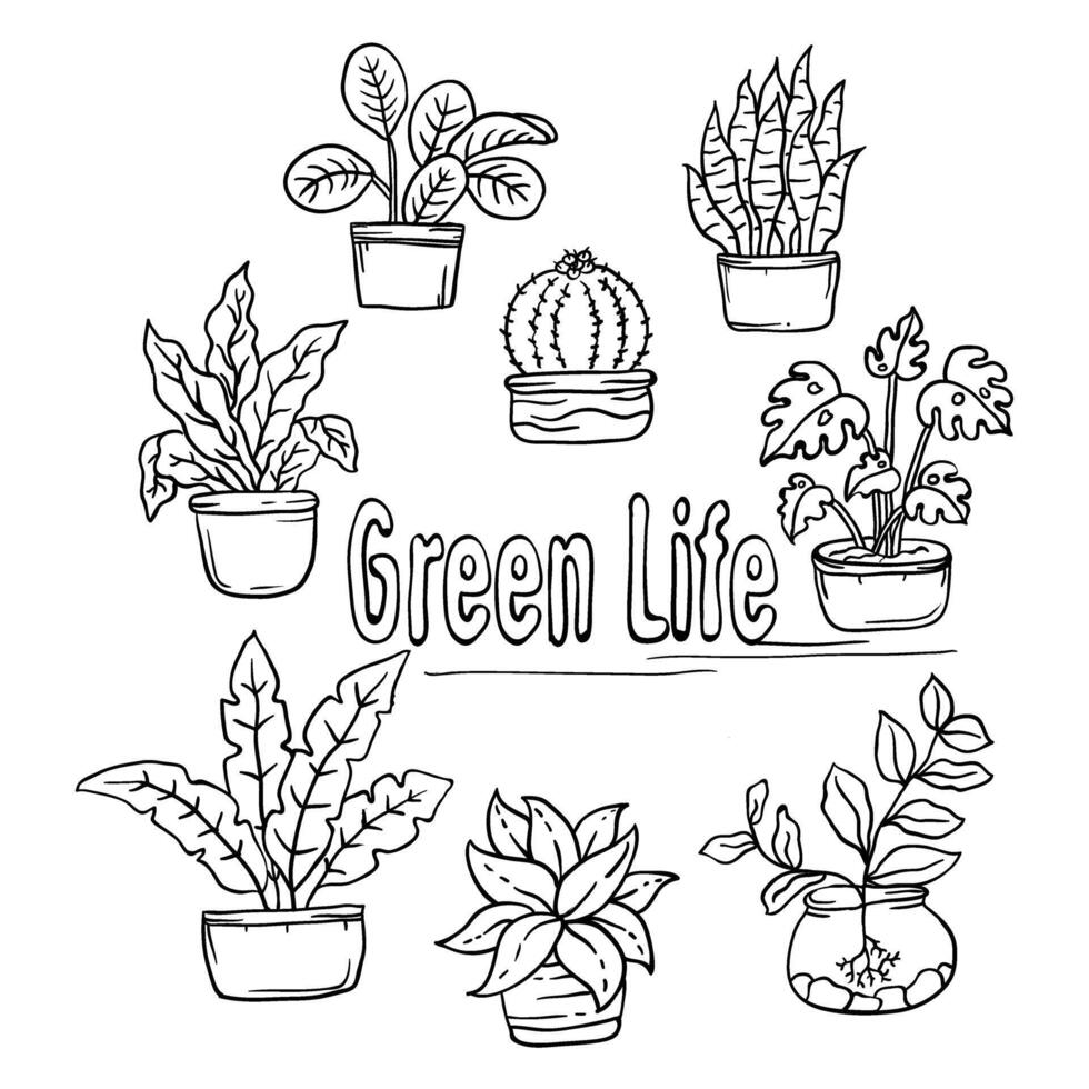 Hand drawing style of plants in pot set vector