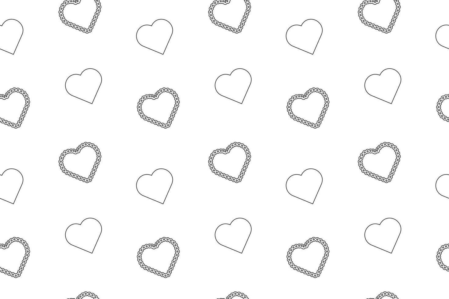 Seamless black and white pattern with outlined hearts and lace-inspired designs, ideal for coloring projects. vector