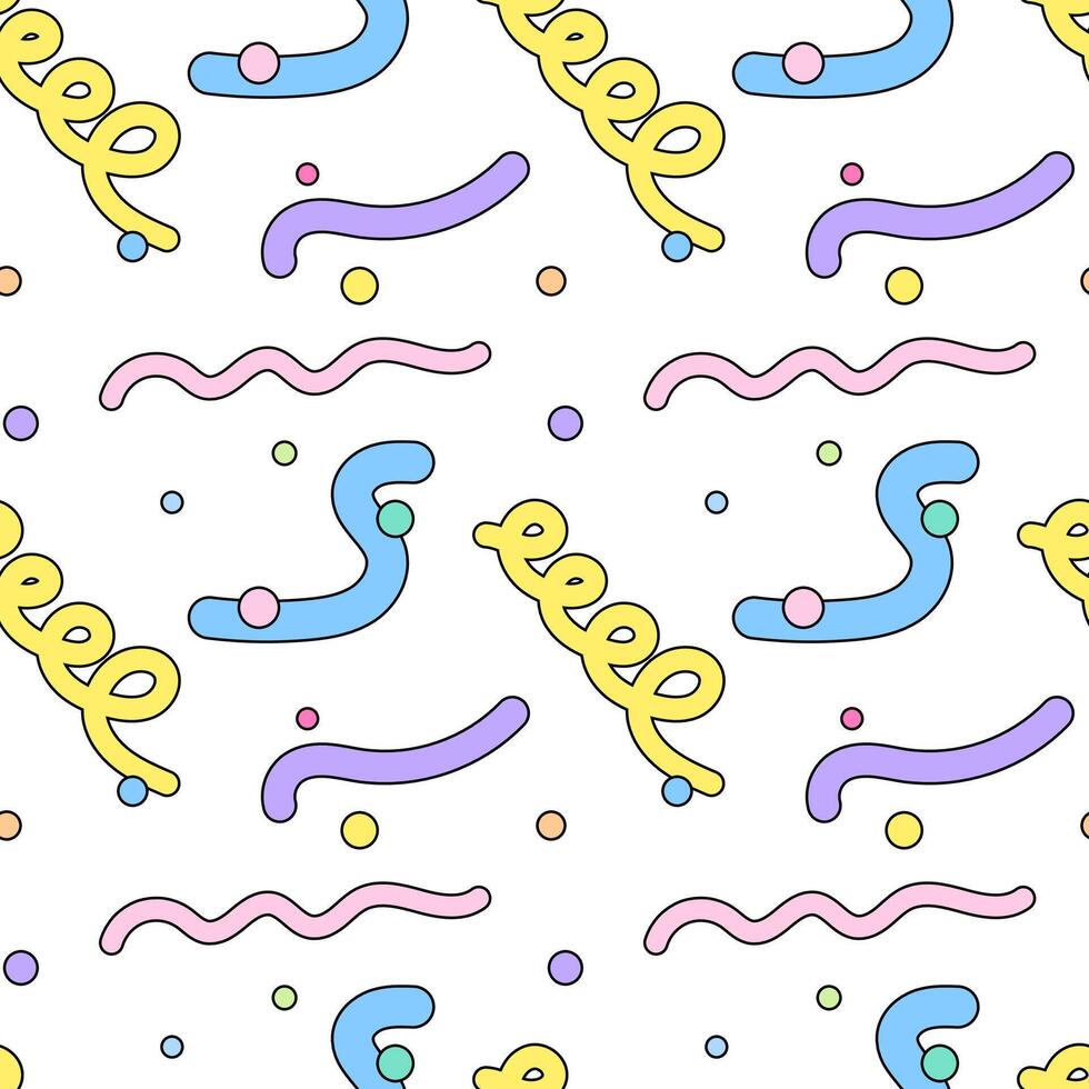 Vibrant seamless pattern featuring wavy lines, spirals, and dots in pastel colors on a white background. vector