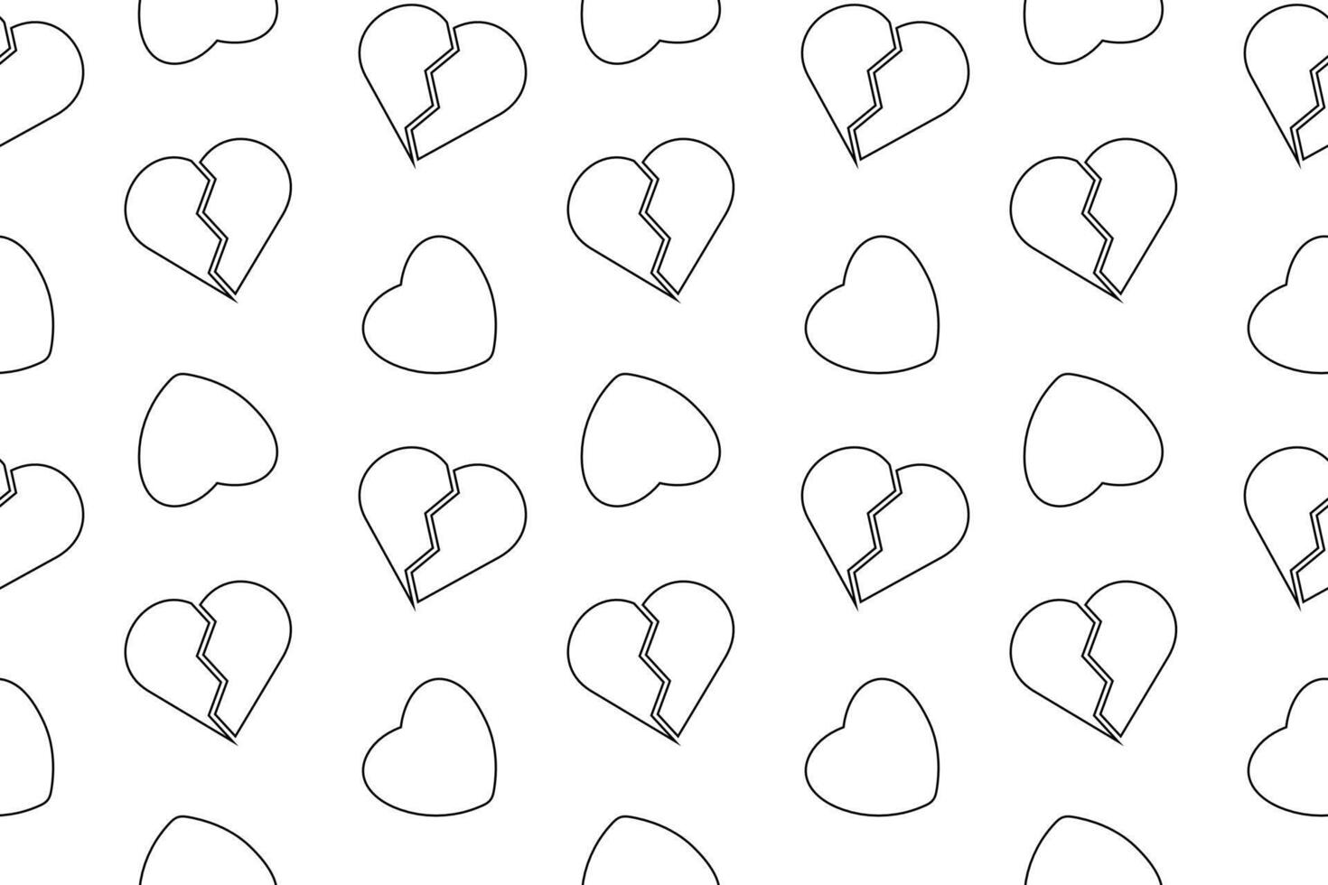 Seamless black and white pattern with broken and whole hearts, designed for coloring activities and crafts. vector
