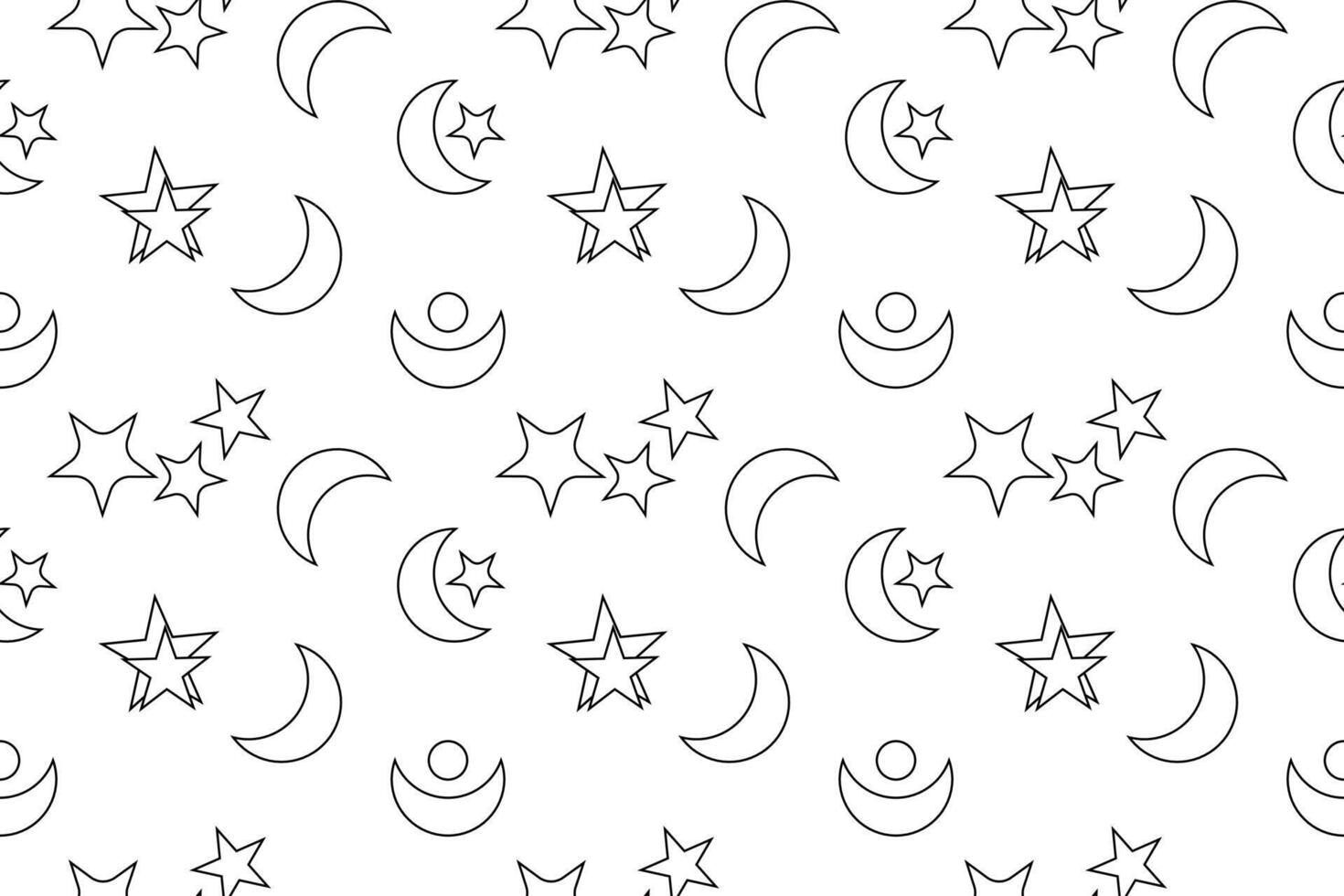 Seamless black and white pattern featuring stars, moons, and celestial symbols, ideal for childrens coloring projects. vector