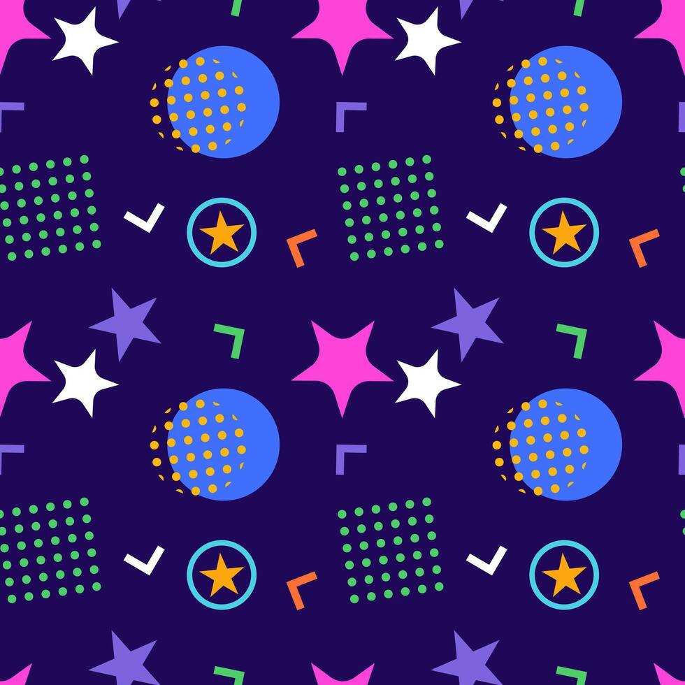 Vibrant seamless pattern featuring stars, circles, dots, and geometric shapes on a dark background. vector