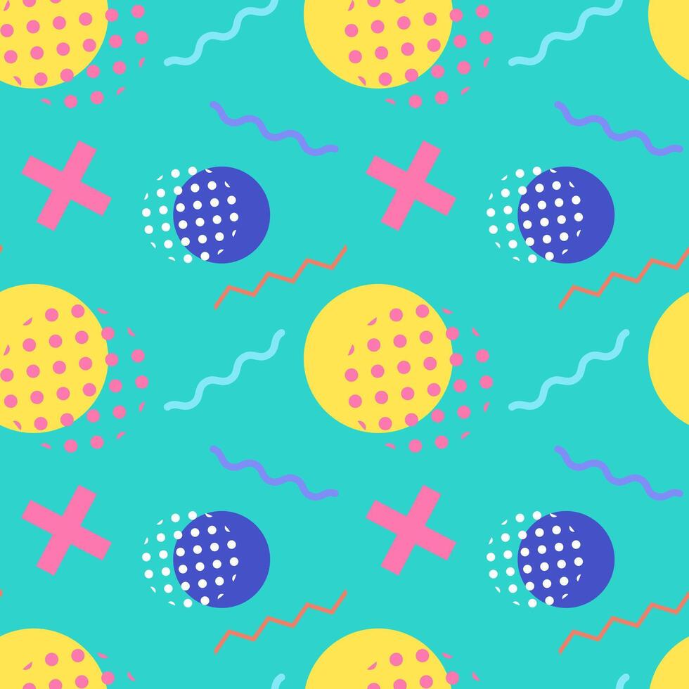 Bright and colorful seamless pattern featuring circles, crosses, waves, and dotted textures on a turquoise background. vector