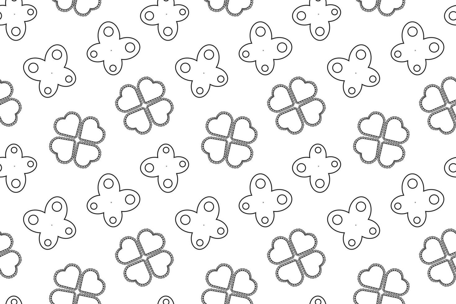 Black and white seamless pattern featuring heart-shaped flowers and butterflies, ideal for childrens coloring activities. vector