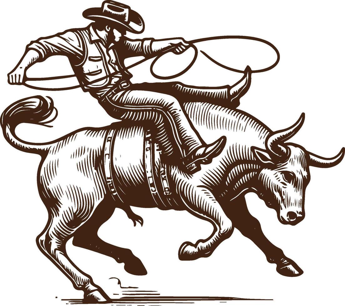 Rustic Vintage Rodeo Illustration of Cowboy Taming a Bucking Horse in Wild West Style vector