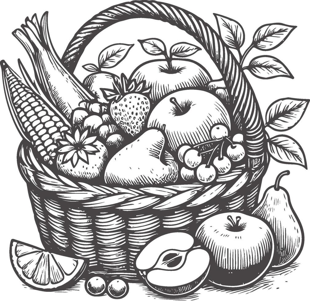 Rustic Hand Drawn Fruit Basket with Farm Fresh Fruits vector