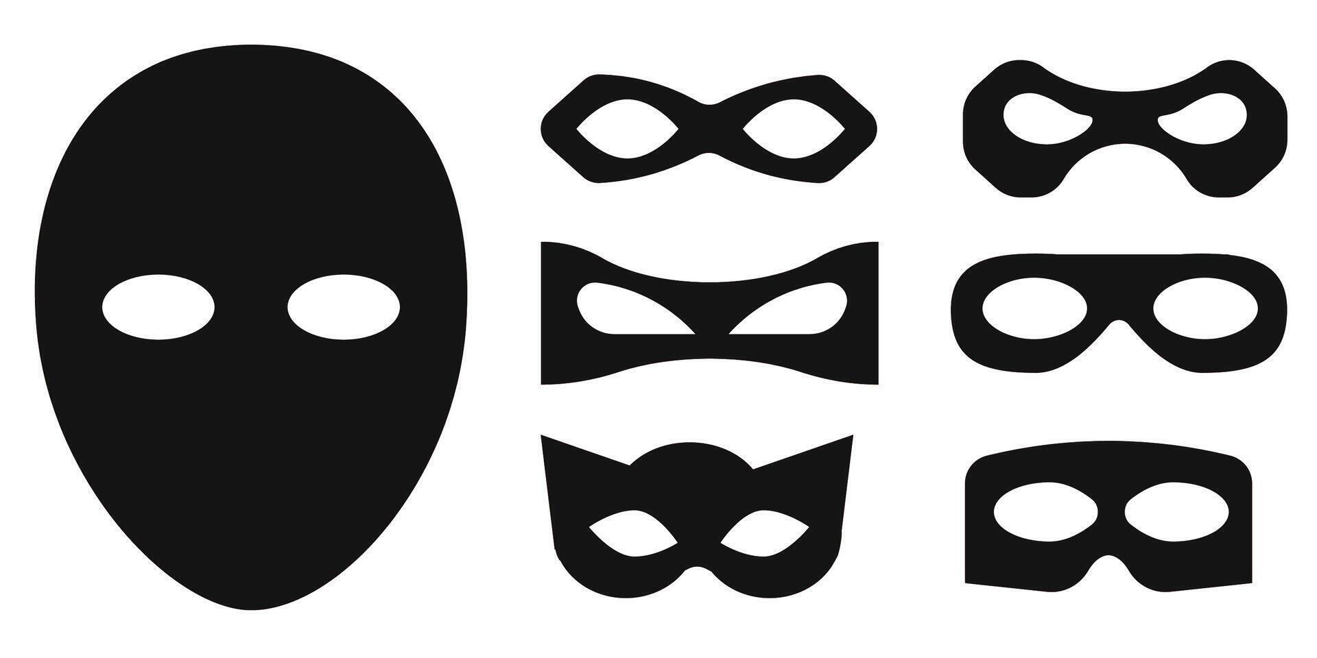 Incognito mask, villain or robber hide face element, black silhouette mystery costume icon. Superhero or carnival bandit burgar vector