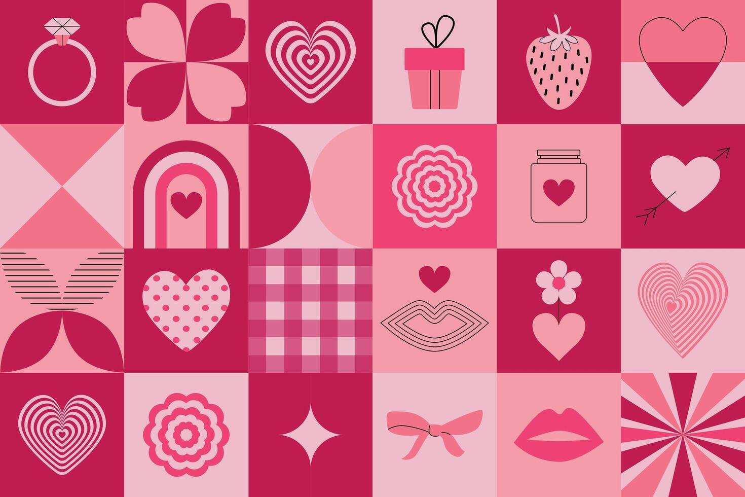 Modern Valentine's day seamless background. Contemporary romantic pink icons. Retro pattern, banner, cover, backdrop, wrapping paper. . vector
