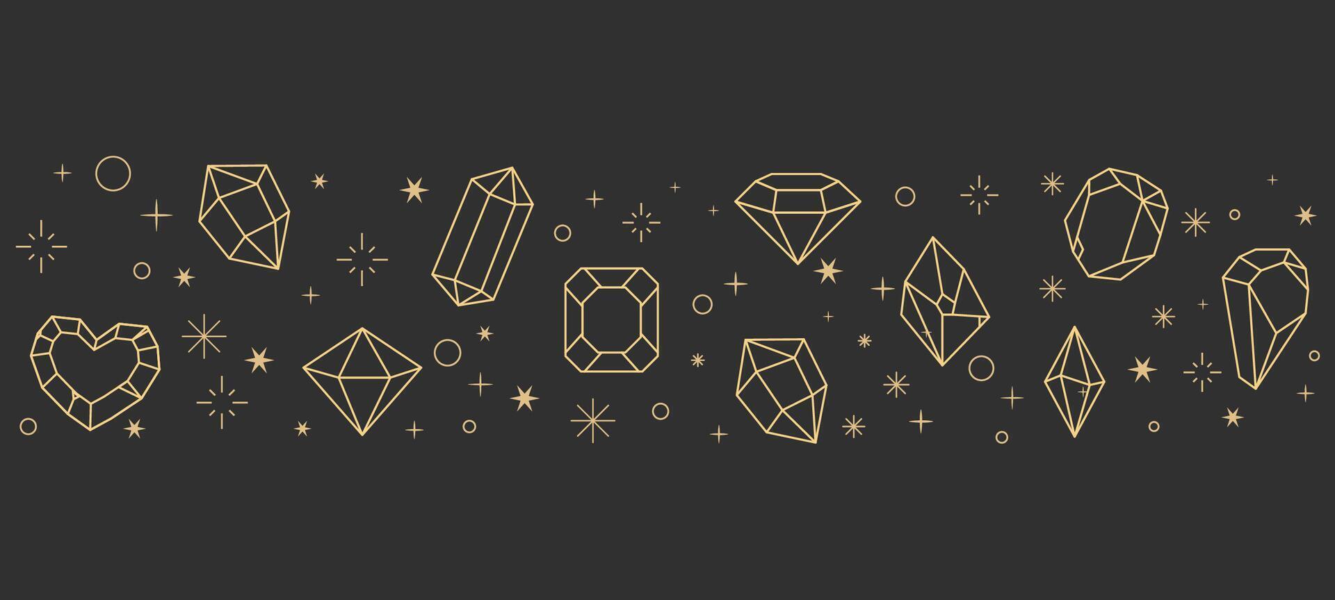 Magic crystal sacred geometry polyhedron celestial esoteric seamless border with gold line gemstone stars, moon decorations. Elegant outline stones. vector
