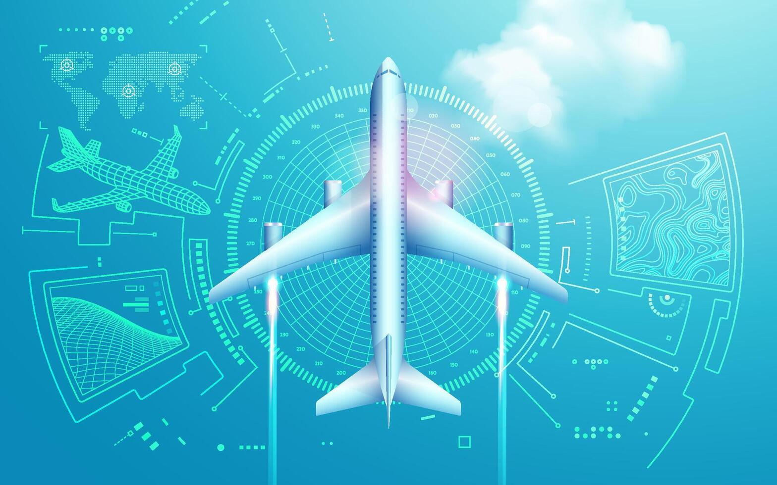 concept of aviation technology or digital twin, graphic of airplane in top view with futuristic interface vector
