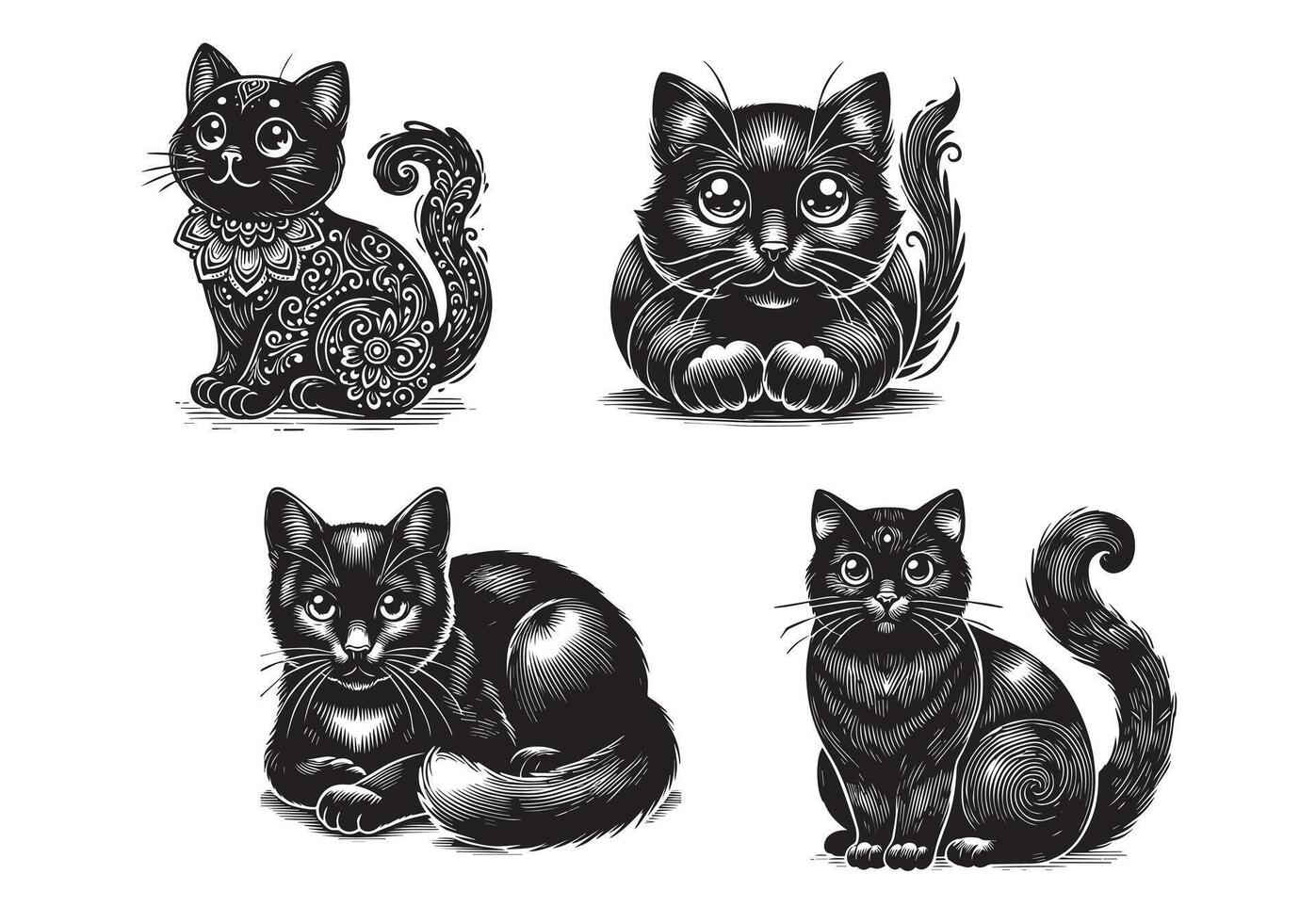 Set of cute cat silhouette in different poses isolated on white background. Kitten, kitty or pet animal line art drawing. Funny or wild cat cartoon sticker. vector