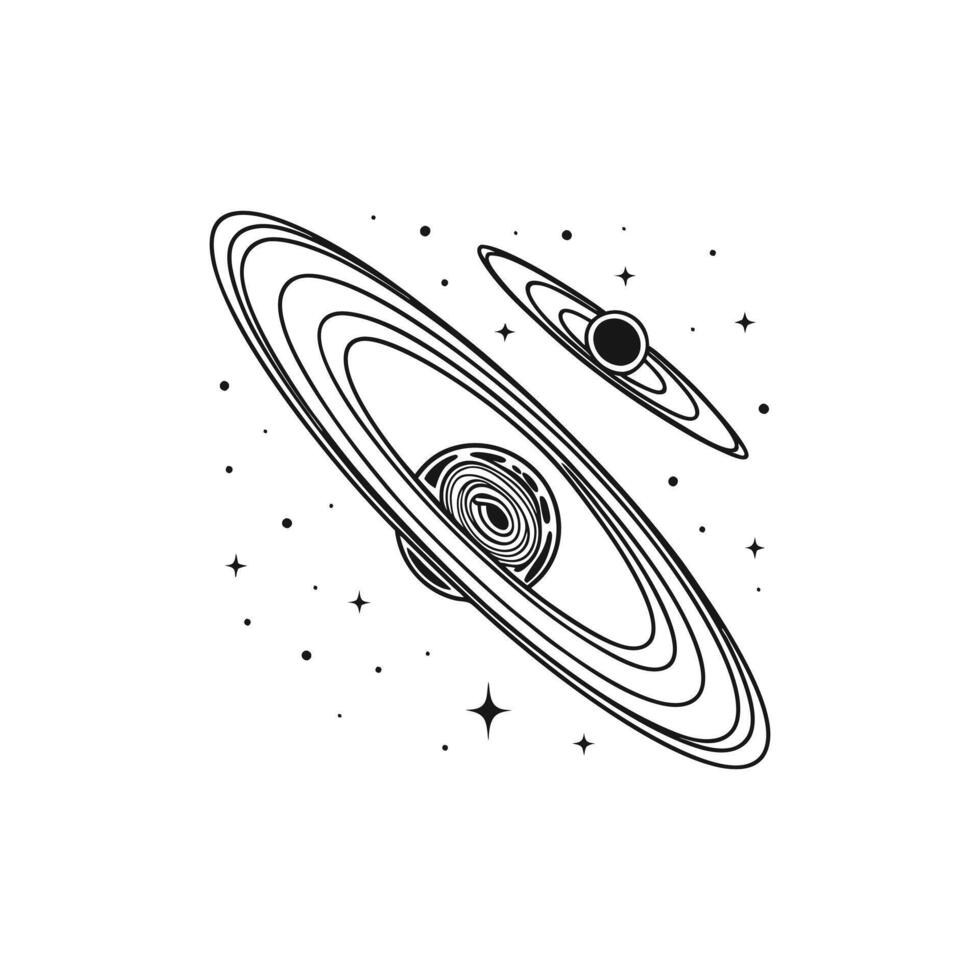 A black and white drawing of a planet and saturn vector