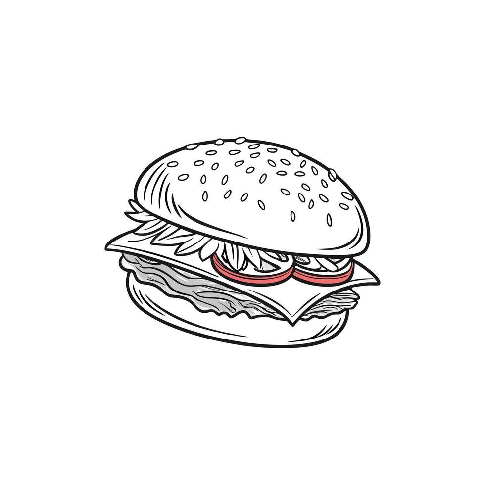 A hamburger is shown in a black and white drawing vector