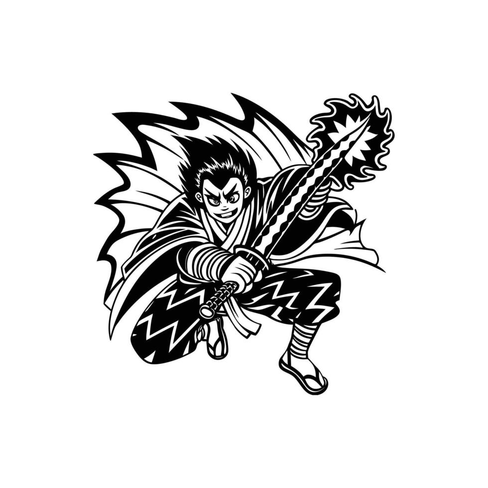 A black and white illustration of a samurai holding a sword vector