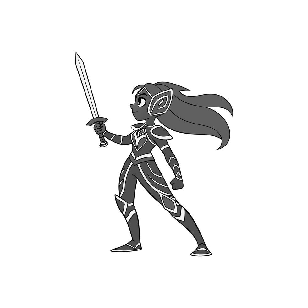 A black and white drawing of a female elf with a sword vector
