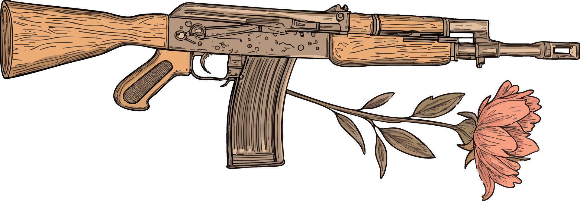 AK-47 rifle with a wooden texture and a flower symbolizing peace. vector