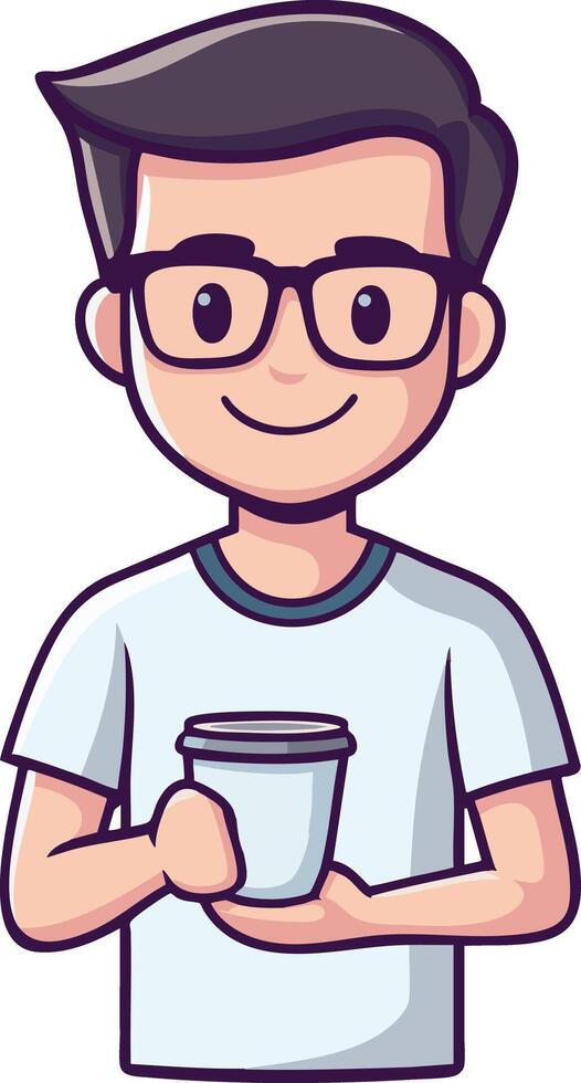 Smiling young man with glasses holding a coffee cup. Cute and friendly cartoon style. vector