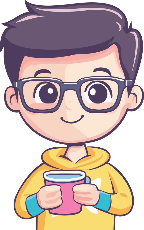 Smiling young man with glasses holding a coffee cup. Cute and friendly cartoon style. vector