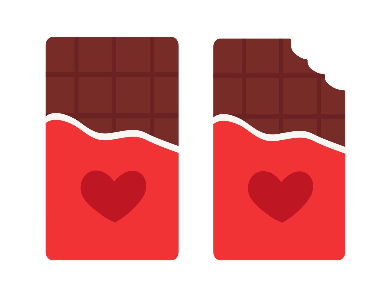 Set of red packaging whole and bitten chocolate bars with heart. Sweet Valentine day. flat illustration. vector