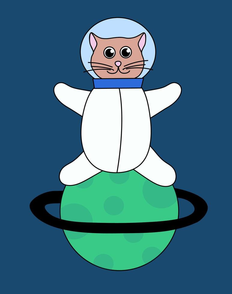 Cute cat astronaut in space sit on planet. Flat Illustration. vector