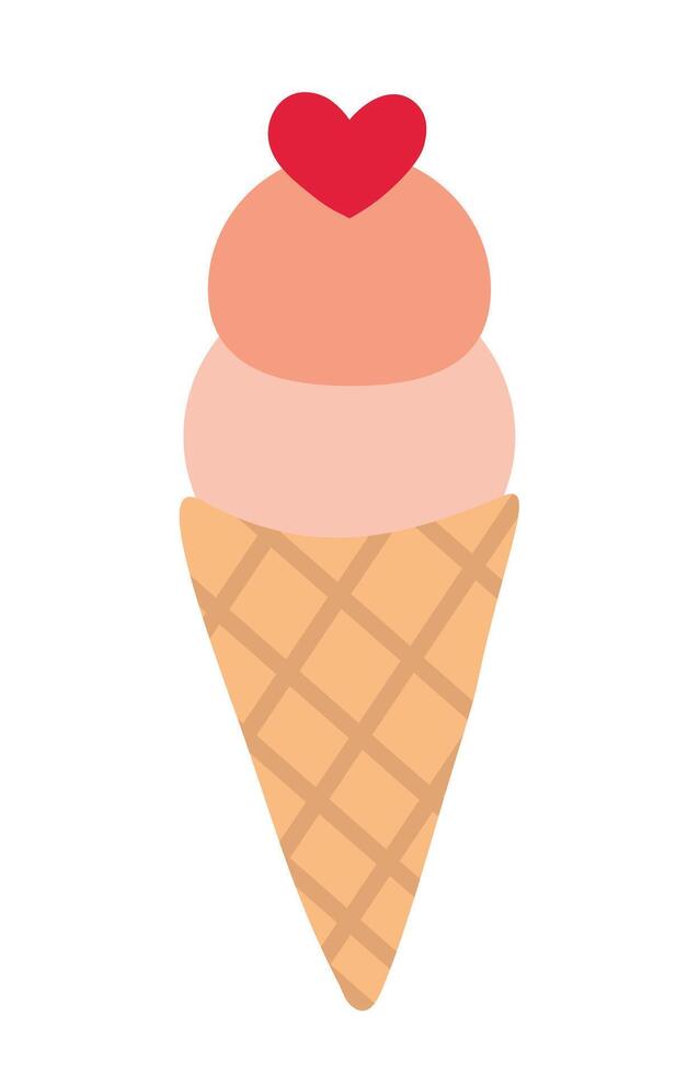 Ice cream in waffle cone with heart. Valentine day sweet food. flat illustration. vector