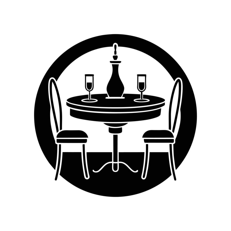 A black and white logo of a table and chairs vector