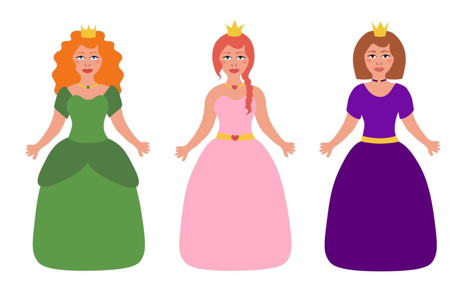 Set of beautiful fairy tale princess on white background. Children illustration. Flat. vector