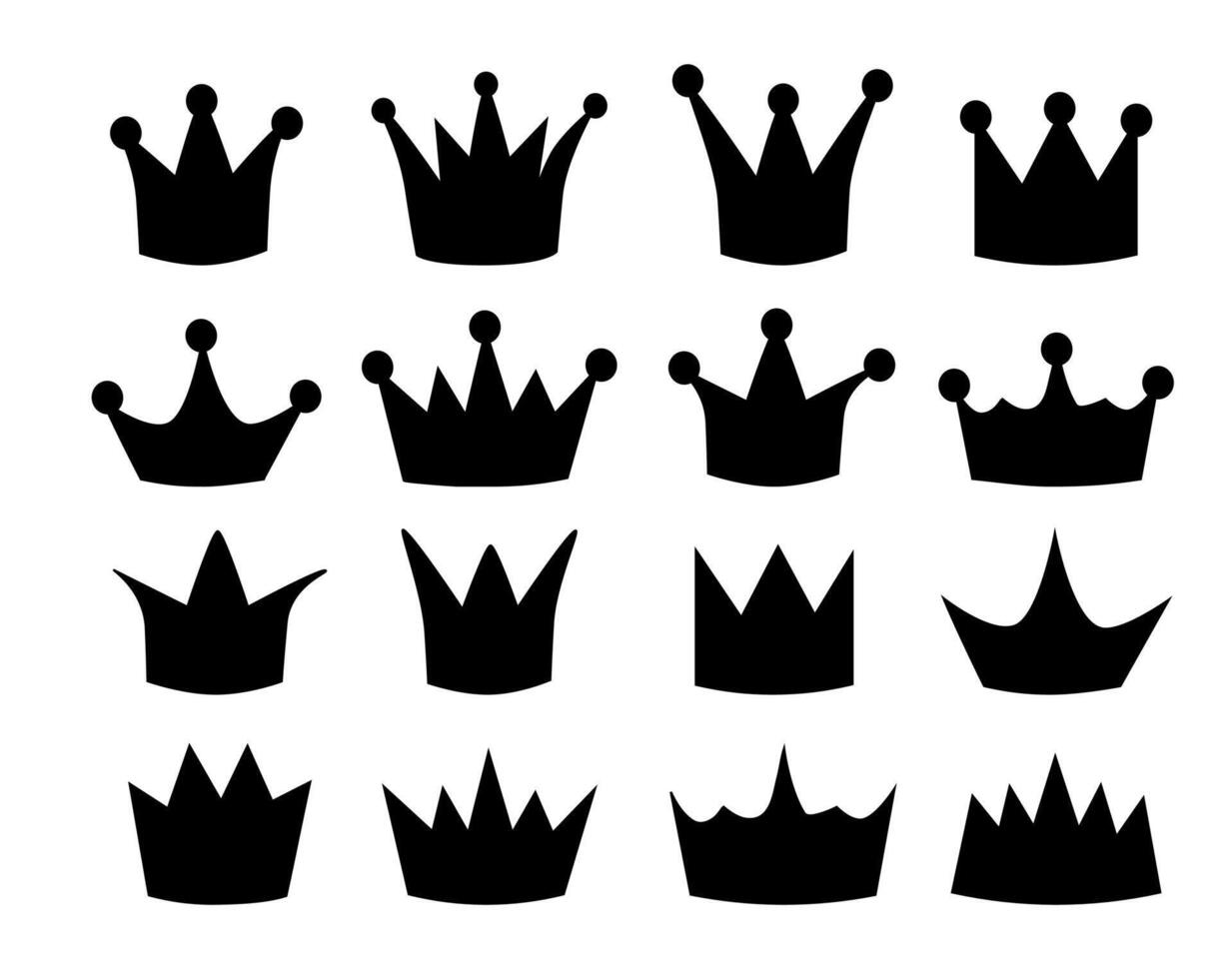 Set of black crowns. Simple icons with crowns of kings, princes, monarchs and queens. Flat illustration collection isolated on background. vector