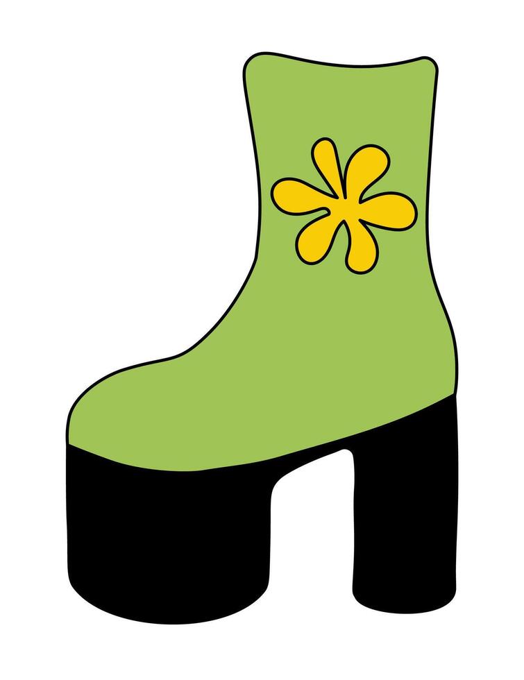 Trendy 1980 retro disco green boot with flower. Vintage shoe. flat illustration. vector