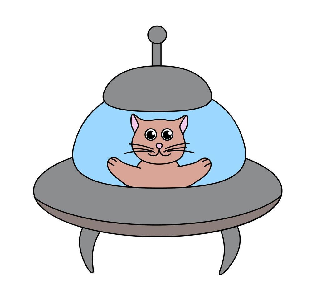Funny cat in UFO spaceship. Flat Illustration. vector