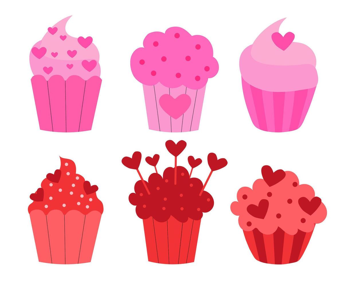 Set of Valentine Day Cupcakes. flat illustration. vector