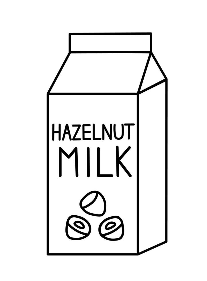 Hazelnut Vegan milk. Box Carton packaging. Outline, Doodle, Line art. flat illustration. vector