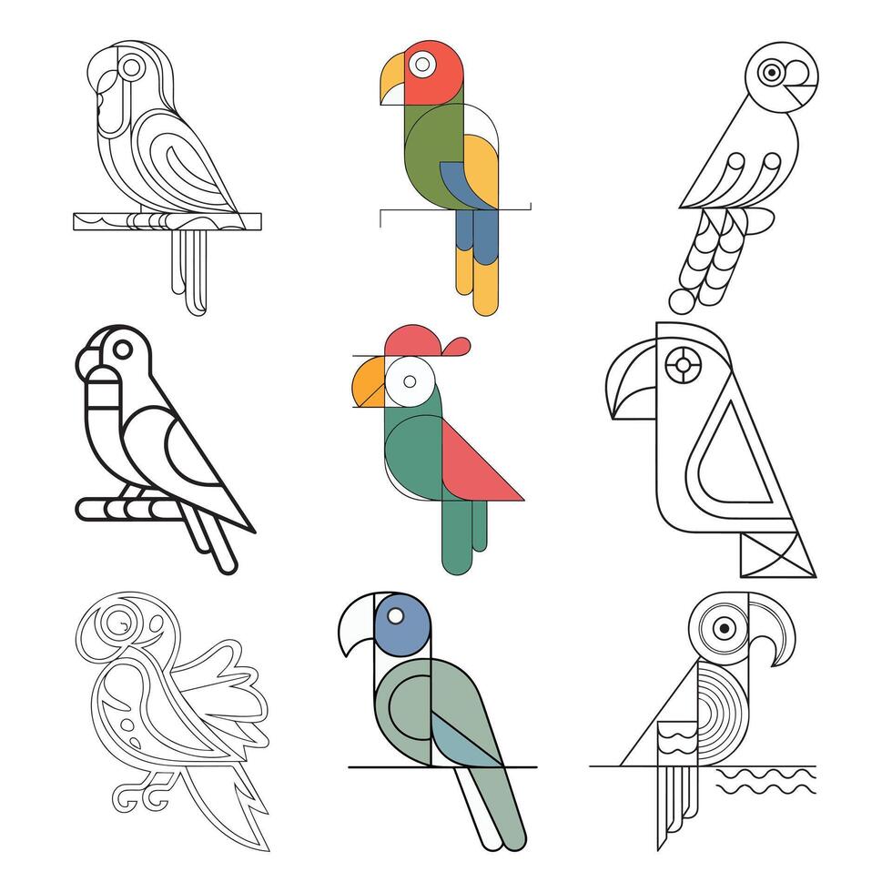 Different Parrots set. Tropical parrots feather zoo birds, tropical fauna macaw flying ara. Various exotic birds set with parrots illustration. vector