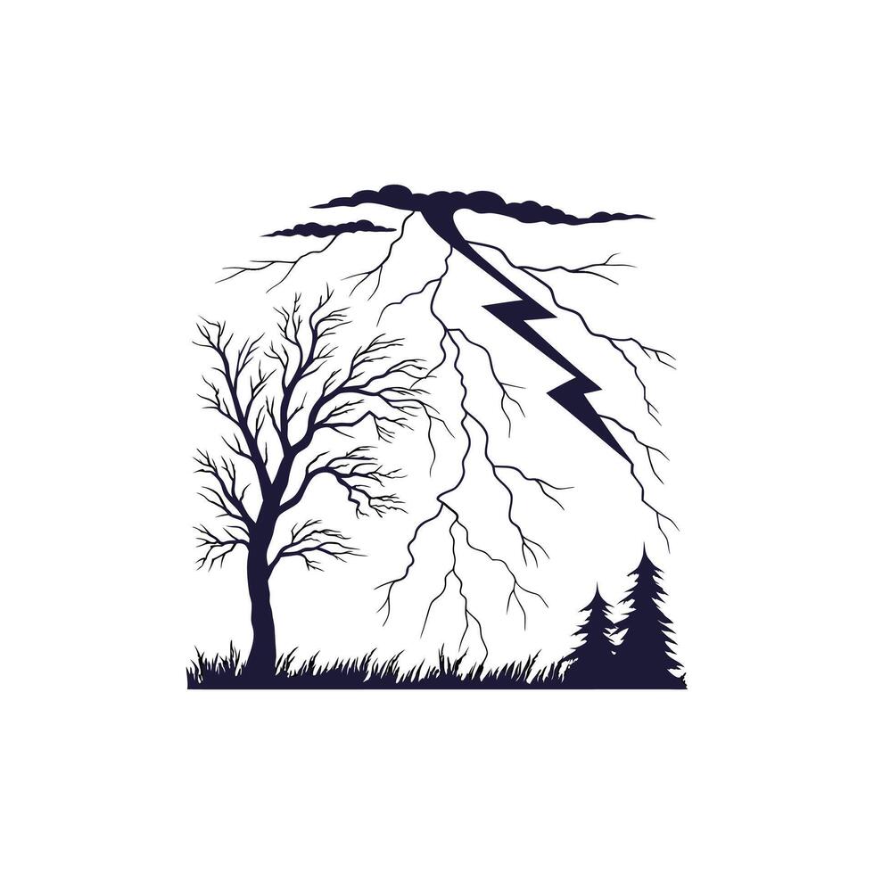 A silhouette of a tree and lightning with a tree in the background vector