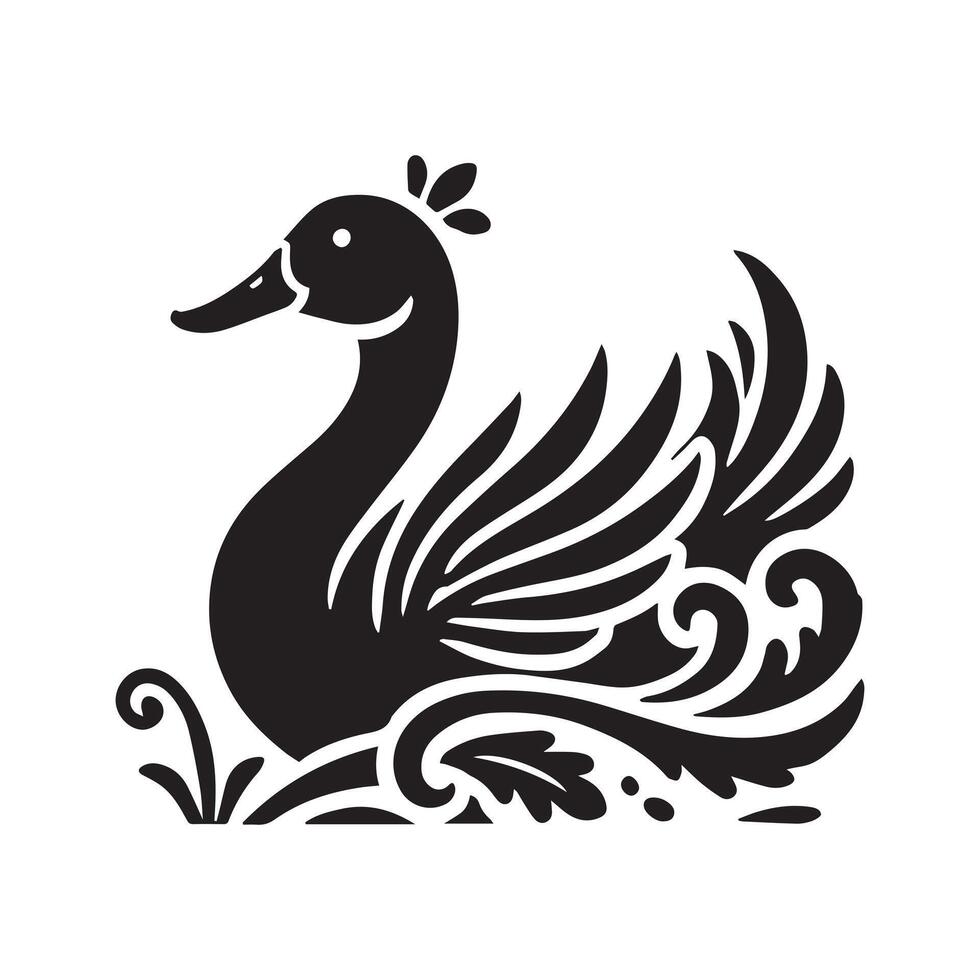 Duck silhouette .cute cartoon duck floating on water icon silhouette black page for kids. illustration of duck floating on water icon silhouette black page isolated on white. vector