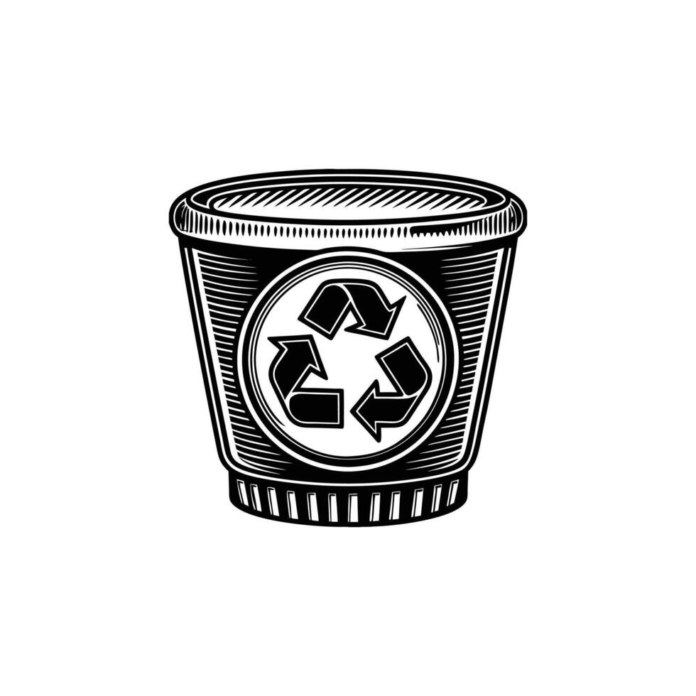 A black and white drawing of a trash can with a recycling symbol vector
