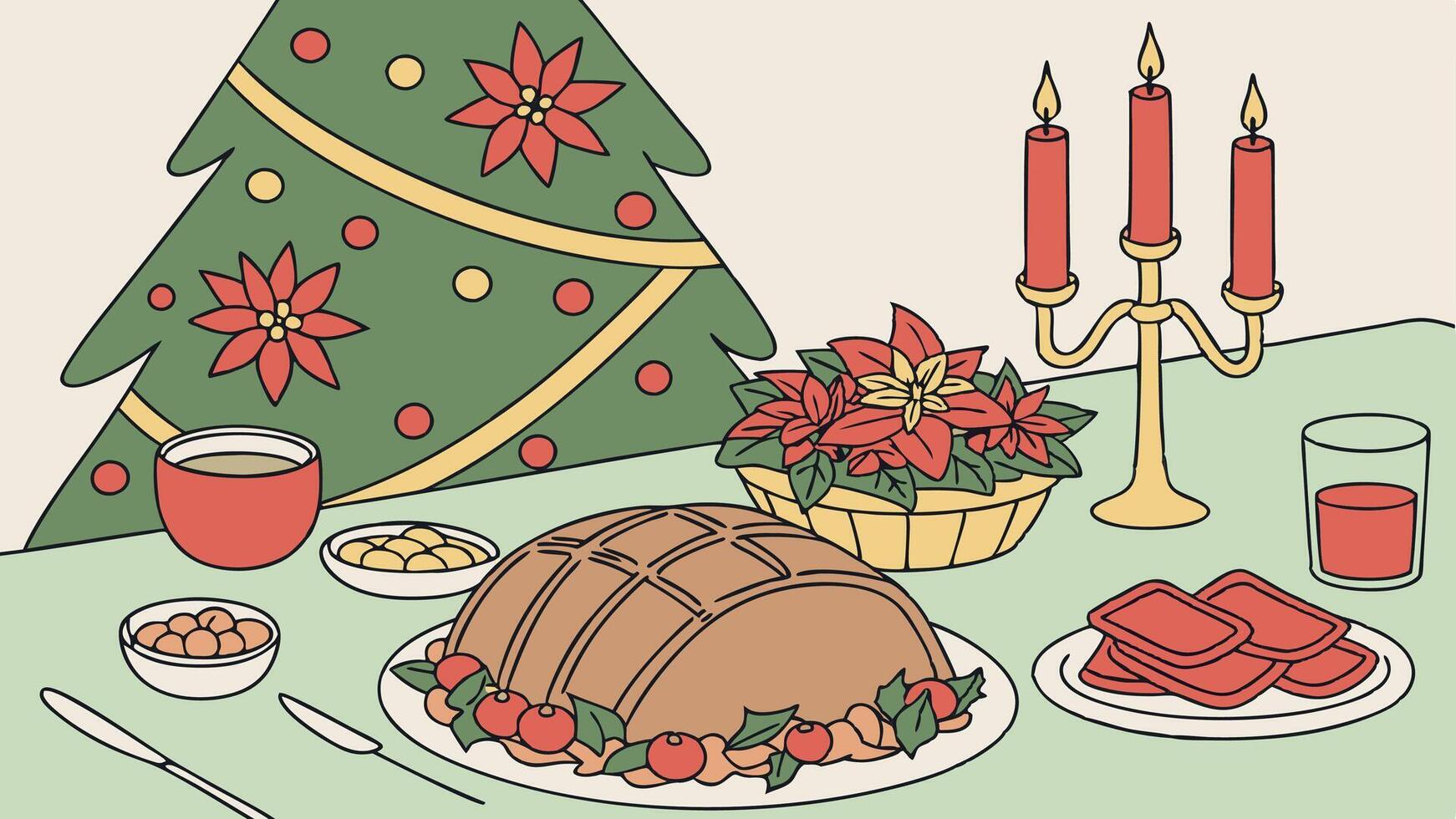 A christmas dinner with a ham, fruit, and other food vector