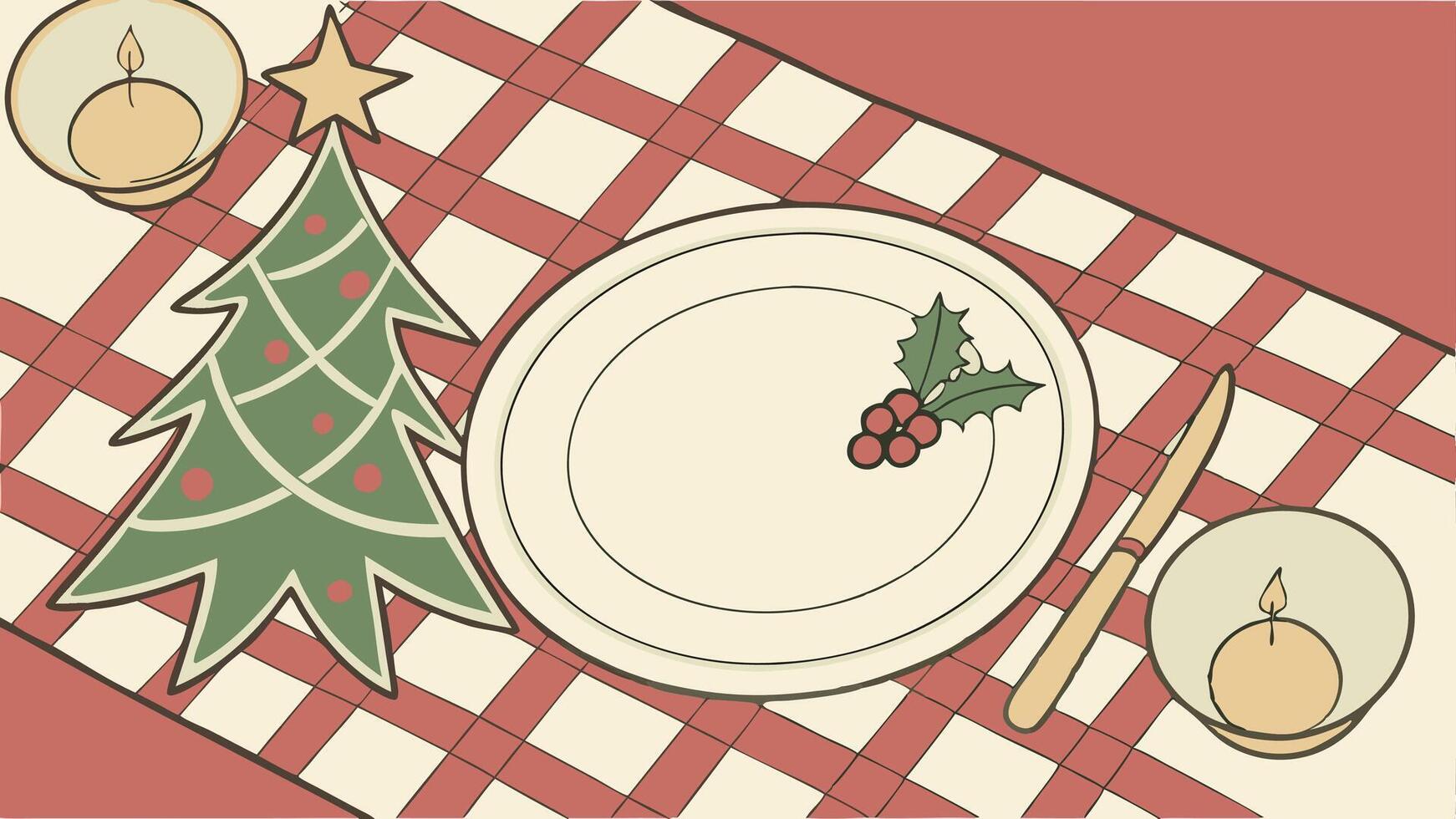 Christmas table setting with christmas tree and plate vector