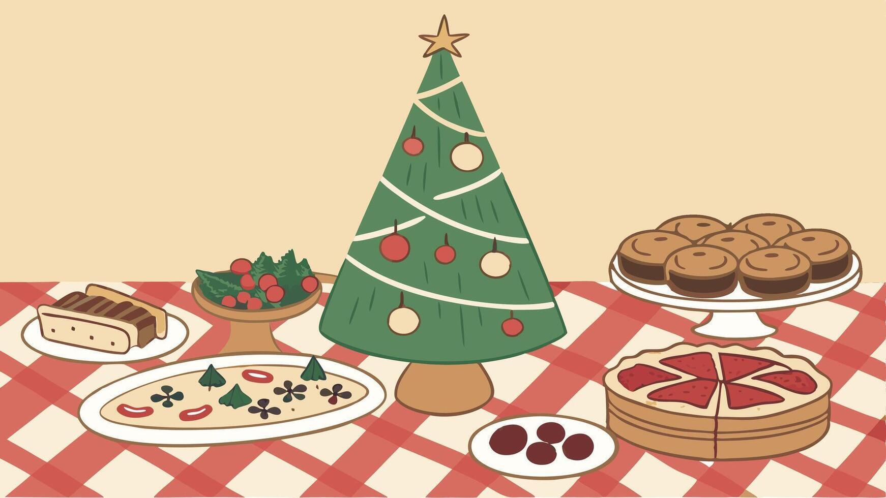 Christmas table with christmas tree and food vector