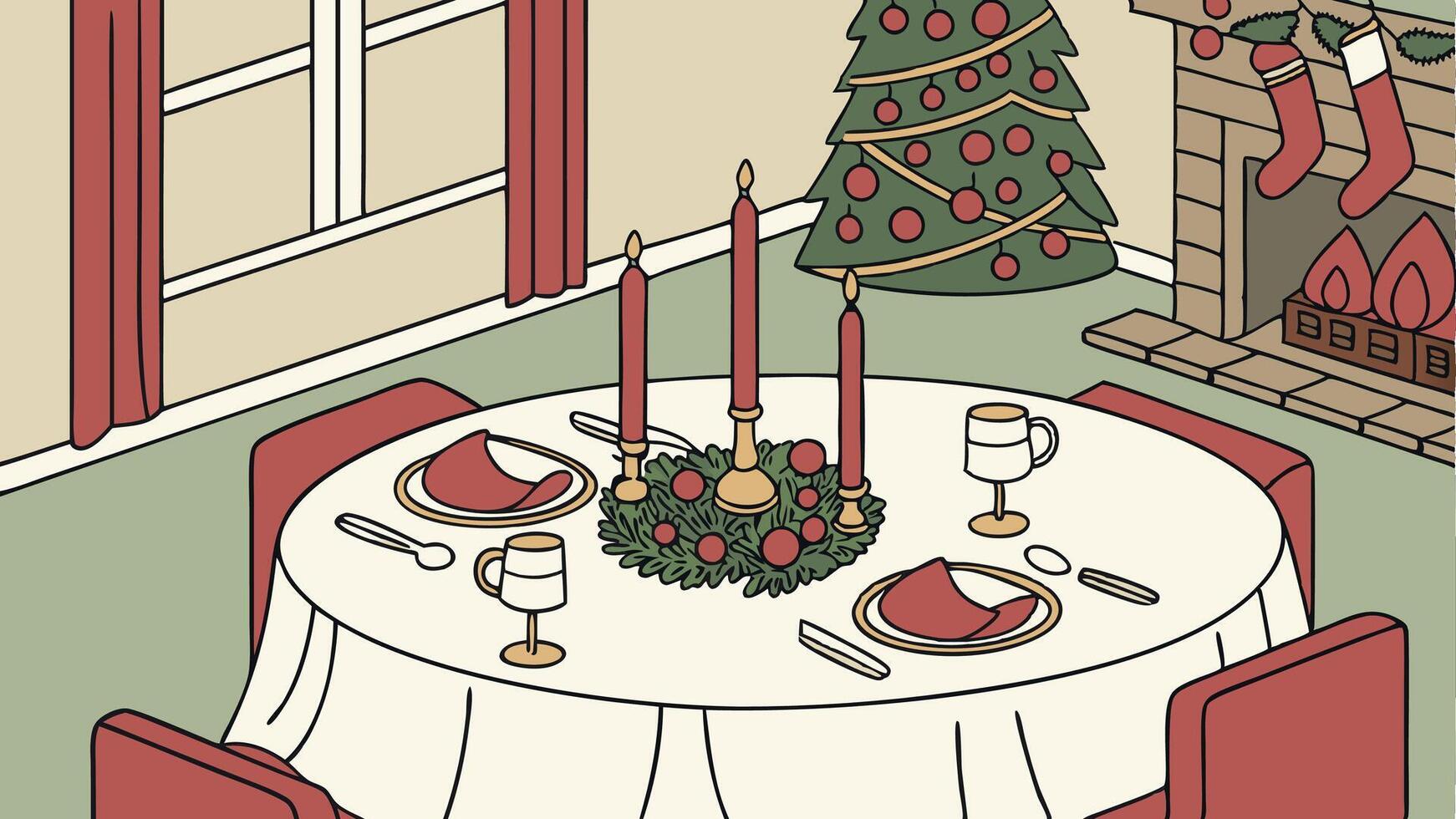 A christmas dinner table with a christmas tree and presents vector