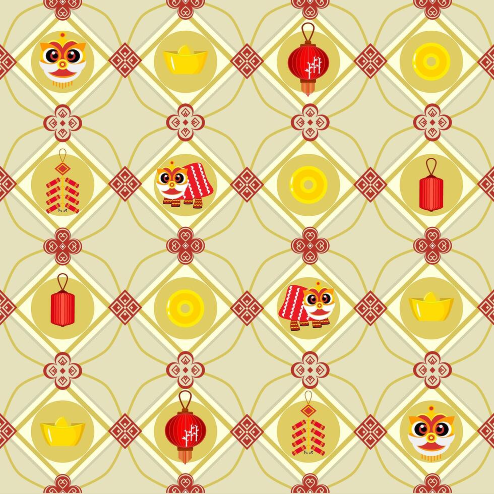 Chinese New Year Seamless Pattern with Lion Dance, Lanterns, and Gold Elements vector
