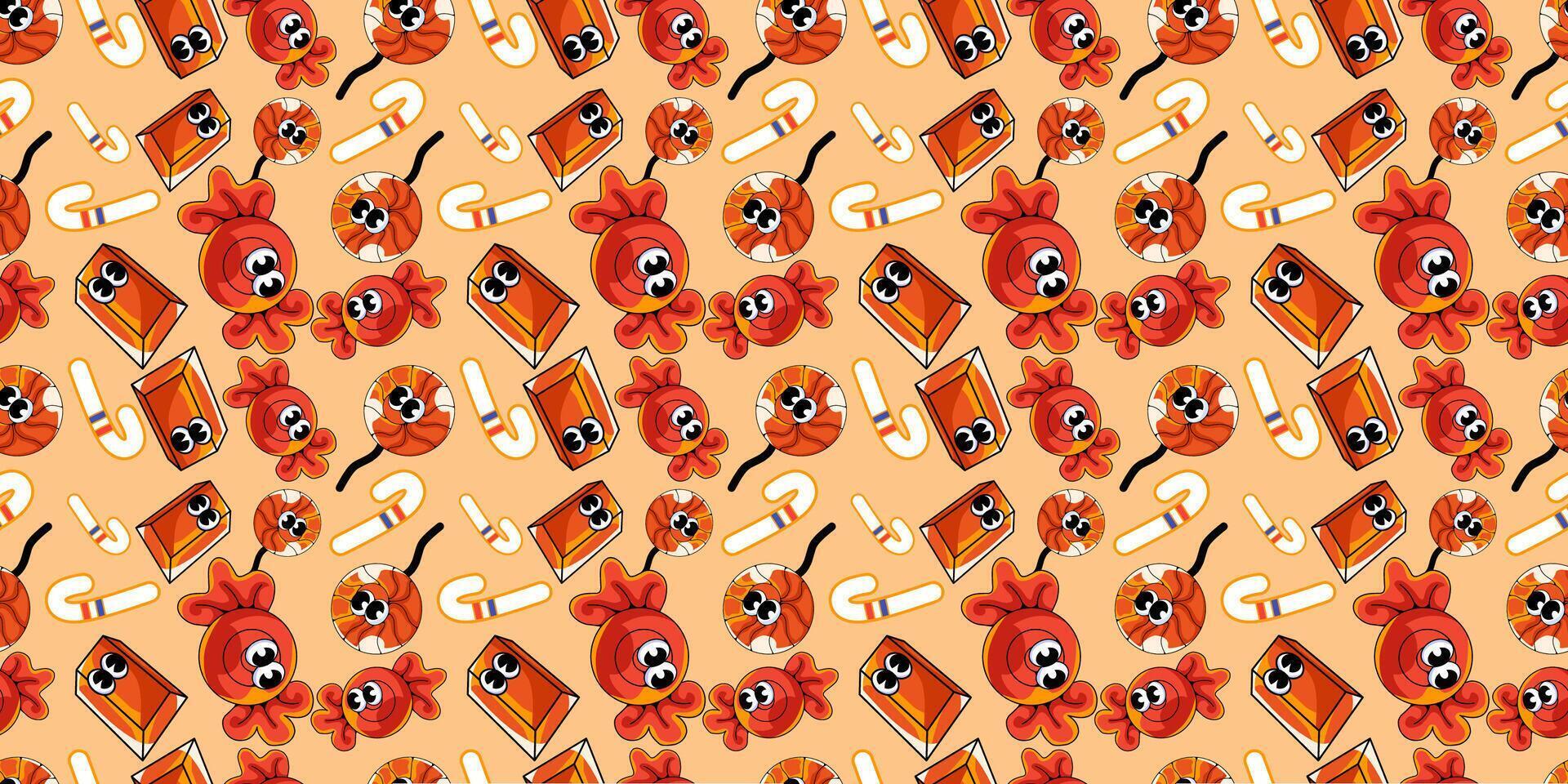 A repeating pattern of various candies in orange and white, including lollipops and wrapped candies with googly eyes, set against an orange background. vector