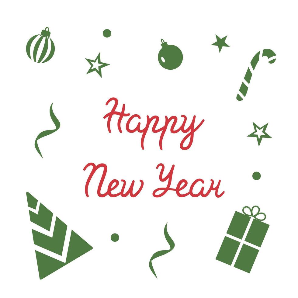 Congratulatory inscription with toys, gifts and sweets for the New Year. template with text for packaging, postcards and posters for the winter holidays. Calligraphic text with Happy New Year. vector