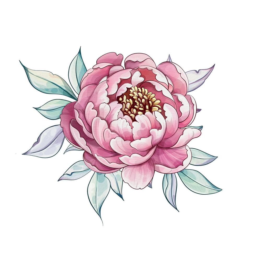 A lovely peony displays its delicate petals in soft pinks and whites, surrounded by gentle green leaves, embodying springs beauty and freshness. vector