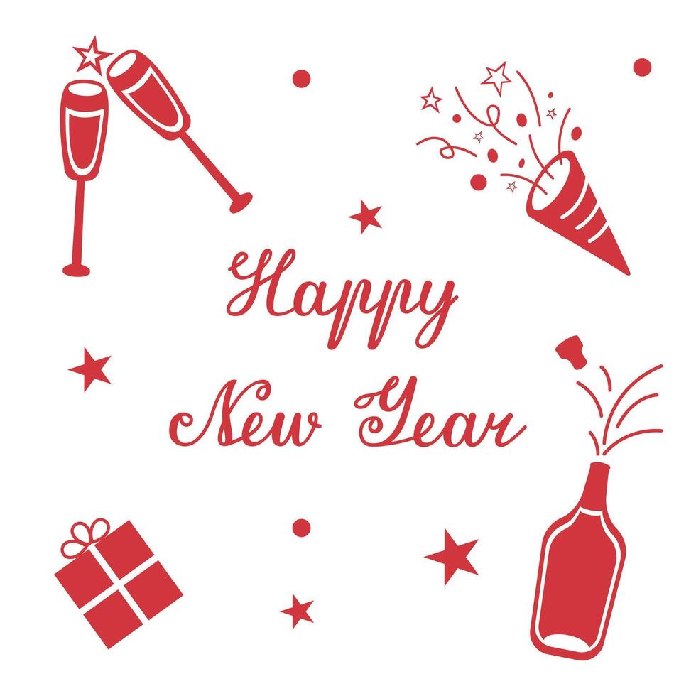 Greeting card with gifts and sparkling wine for New Year. Universal template with text for packaging, postcards and posters. Calligraphic inscription with Happy New Year. vector