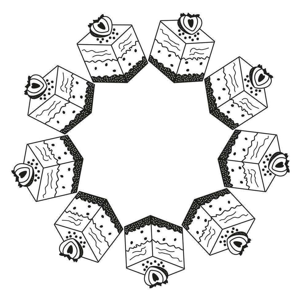 cakes arranged in a circle. Pastry image with space for text. Sweet pastries with berries in doodle style. vector